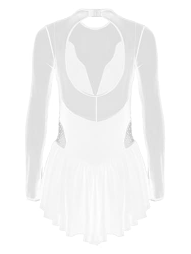 IEFIEL Maillot Manga Larga de Patinaje Artistico para Mujer Maillot Elegante de Gimnasia Ritmica Vestido de Danza Ballet Disfraz Bailarina Mujer C Blanco M