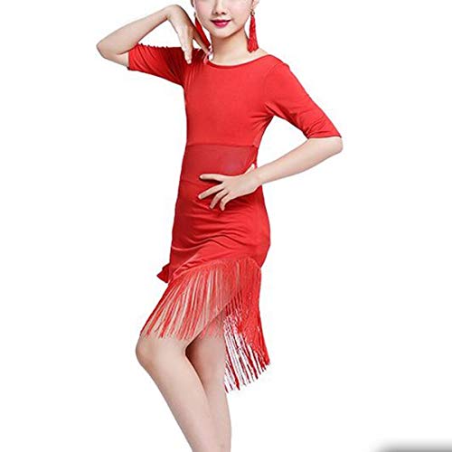 IEFIEL Vestido de Baile Latino para Niñas Traje de Latin Sevillana Tango Profesional Dsifraz Bailarina Vestido Empalme Flecos de Flamenca Rumba Rojo 7-8 años