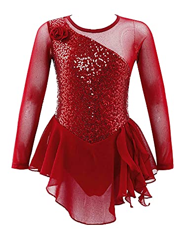 IEFIEL Vestido Lentejuelas de Danza Ballet Niña Maillot Patinaje Artistico Niña Manga Larga Disfraz de Bailarina Niña Vestido Danza Latina Niña W Rojo 8 años