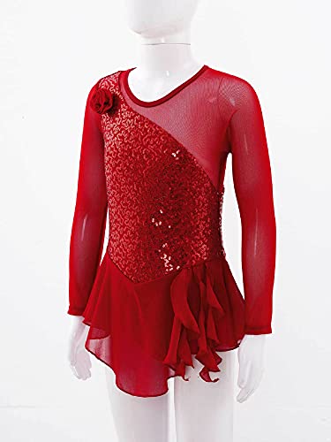 IEFIEL Vestido Lentejuelas de Danza Ballet Niña Maillot Patinaje Artistico Niña Manga Larga Disfraz de Bailarina Niña Vestido Danza Latina Niña W Rojo 8 años