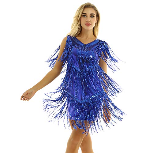 inhzoy Vestido de Baile Latino Lentejuelas para Mujer Vestido de Rumba Tango Salsa Samba Flecos Traje de Baile de Salón Disfraz de Fiesta Dancewear Azul M