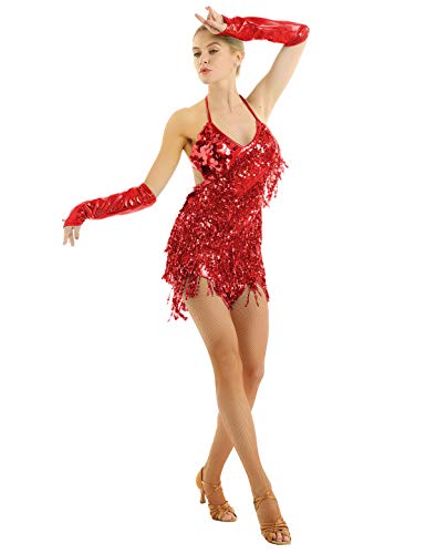 inhzoy Vestido de Baile Latino Lentejuelas y Borlas para Mujer Traje Baile de Salón Tango Salsa Rumba Cuello Halter Vestido Flecos Bailarina Dancewear Rojo Talla Única
