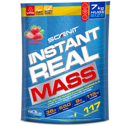 Instant Real Mass | 7 kg | Ganador de peso y masa muscular, mass gainer para aumentar de peso | Ganador de músculo | Ganador de masa muscular | Gainer con creatina carbohidratos proteína (Fresa)