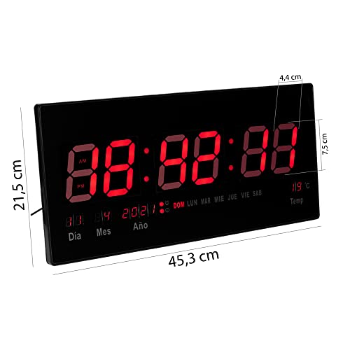 JEVX Reloj Digital de Pared Grande para Colgar, Alarma, Iluminacion en Color Rojo, Calendario, Medidor de Temperatura, Fuente de Alimentacion, Termometro
