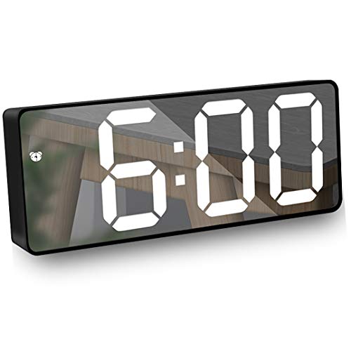 JILM Reloj Despertador Espejo, Pantalla LED Grande Digital de 6.5 " con Fecha/Temperatura/ Ajustable Brillo,Snooze Reloj Digital para Viajes/Dormitorio/Oficina/Cocina, USB y Funciona con Pilas-Negro