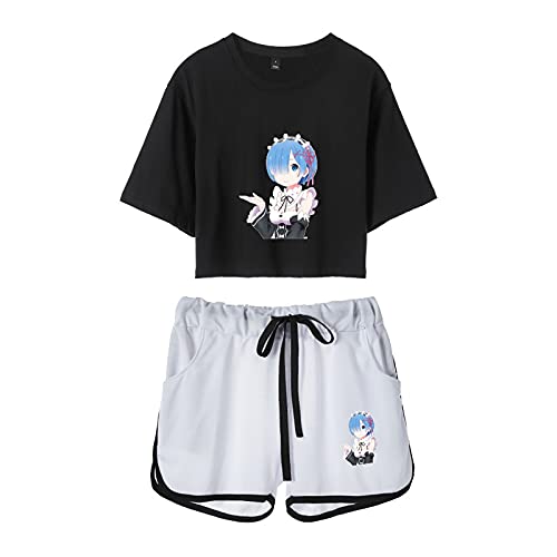 jiminhope Women Girls Re:Life in a Different World from Zero Anime Tracksuit Set Rem Summer Top & Shorts 2 Piece Set Rem Ram Printed Cropped Top
