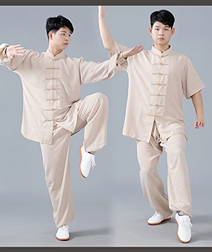 Jiu Bu Tai Chi quan Uniforme, manga corta, ropa de arte marcial, cómodo, traje de meditación Zen | Disfraz unisex hecho por algodón y lino higroscopicidad | (Trae un ventilador) Beige-XXL