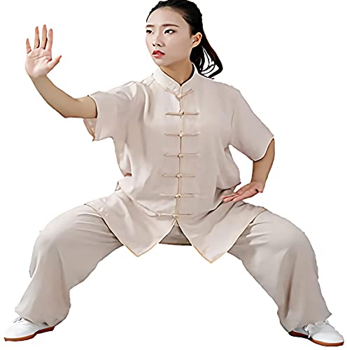 Jiu Bu Tai Chi quan Uniforme, manga corta, ropa de arte marcial, cómodo, traje de meditación Zen | Disfraz unisex hecho por algodón y lino higroscopicidad | (Trae un ventilador) Beige-XXL