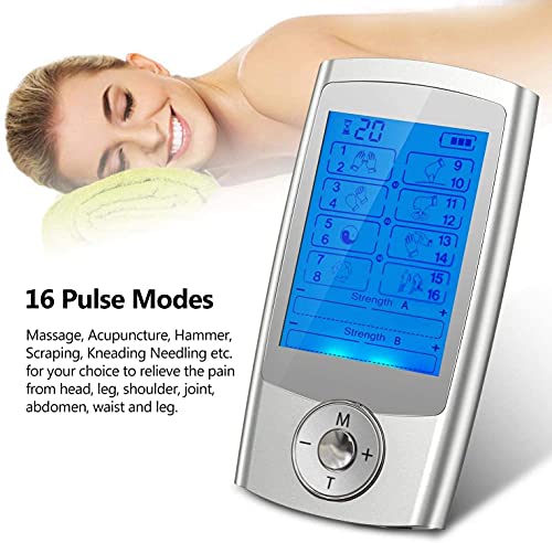 JiuFei Electroestimulador Muscular, Doble Canal TENS y masaje, 16 Modos, 8 Piezas de Electrodos TENS, 20 Niveles de Intensidad Para el Alivio del Dolor