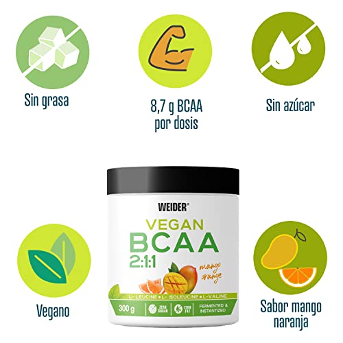 JOE WEIDER VICTORY Vegan BCAA 2:1:1 Mango-Naranja 100% vegano. 300 Gr. 8,7g de BCAA por dosis. Sin grasas, sin azúcares