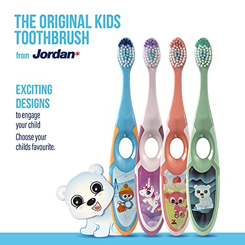 Jordan* | Step 2 | Cepillo de dientes para niños de 3 a 5 años | Cepillo de dientes para niños con cerdas suaves, mango ergonómico doble y sin BPA | Color azul y verde | Pack de 4 unidades