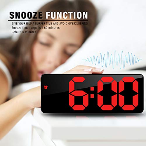 JQGo Reloj Despertador Digital, Pantalla LED Espejo Grande, Alimentado por Batería, Alarma Activada por Sonido, con Pantalla de Fecha y Temperatura Función Despertado, Rojo
