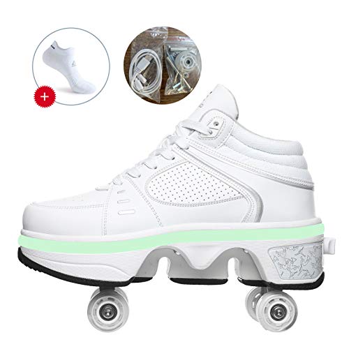 JTKDL Zapatillas con Ruedas, LED Deformación 4 Rueda Patines En Paralelo Zapatos Multiusos 2 En 1 Skate Ligeros Calzado para Niñas Y Niños para Niños Adolescentes Y Adultos,Sliver-EU39/UK5.5