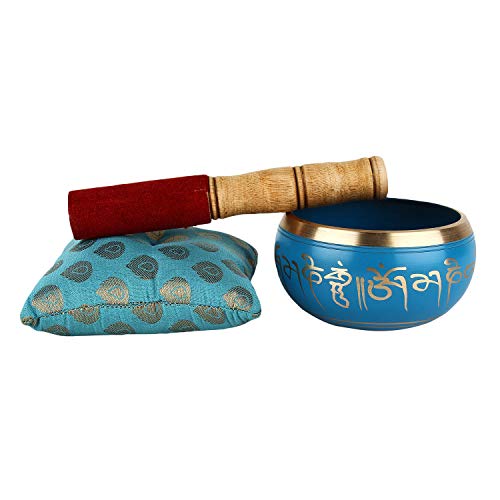 Juego de cuenco de meditación tibetana Om Mani, cojín y mazo de Zap Impex®, azul, 10,2 cm