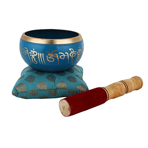 Juego de cuenco de meditación tibetana Om Mani, cojín y mazo de Zap Impex®, azul, 10,2 cm