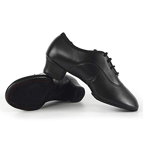 JUODVMP Zapatos Baile Latino Hombre de los de Cuero Lace up estándar Tango latín Jazz Moderno Performance Danza Zapatos,Modelo WLL518-2-2M,Negro-3.5CM Heel-42.5 EU