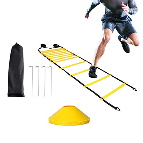 JZK Escalera de velocidad de 6 m y juego de conos y clavijas, escalera deportiva ajustable para ejercicios de agilidad, ejercicio y fitness para niños y adultos, escalera de entrenamiento de fútbol