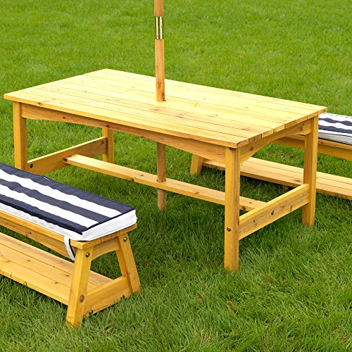 KidKraft 106 Juego de mesa y 2 bancos de madera para niños con sombrilla y cojines, muebles para jardín y exterior al aire libre - Rayas azul marino y blancas