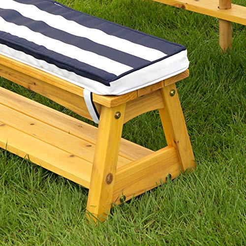 KidKraft 106 Juego de mesa y 2 bancos de madera para niños con sombrilla y cojines, muebles para jardín y exterior al aire libre - Rayas azul marino y blancas