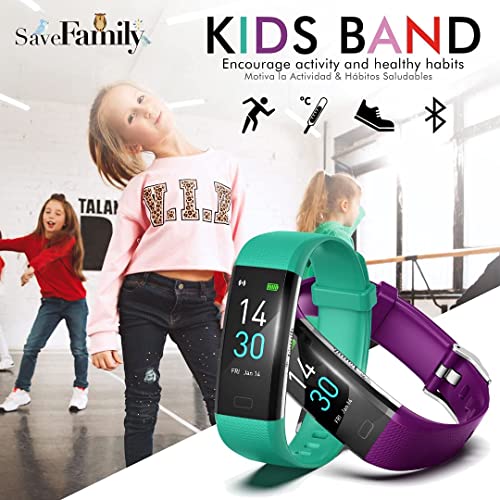 Kids Band SAVEFAMILY. Pulsera de Actividad para niños y Adolescentes. Monitor de Salud, Sueño, Temperatura, 16 Modos de Deporte, Fotos a Distancia. Fondos Personalizables. (Morado)