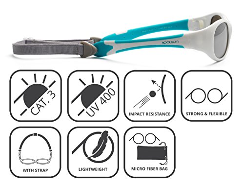 Koolsun Gafas de sol para bebé (0 – 3 AñOS | VERS piegelt | koolsun Flex White Aqua |100% protección UV | con desmontable Diadema | Optical Clas 1, cat. 3 | flexible