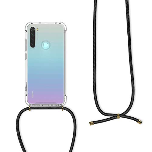 kwmobile Carcasa Compatible con Xiaomi Redmi Note 8 (2019/2021) - Funda Transparente TPU con Cuerda para Colgar - Negro/Transparente