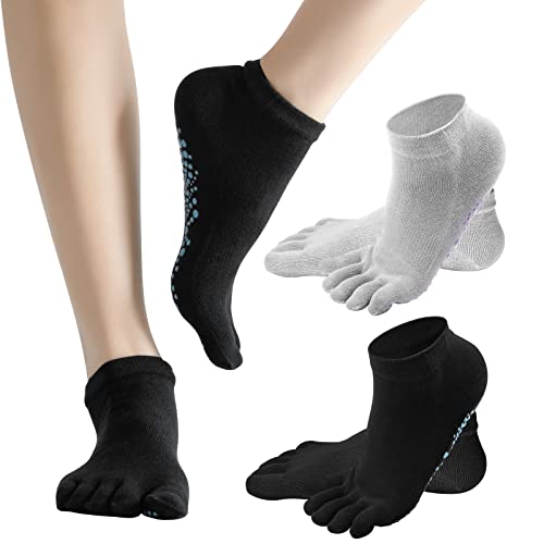 KYSUN 2 pares de Calcetines Antideslizantes para Mujer y Hombre, Calcetines de Yoga con Dedos para Hogar, Calcetines Deporte 5 Dedos de Algodón para Pilates Ballet Dance Fitness, Negro + Gris