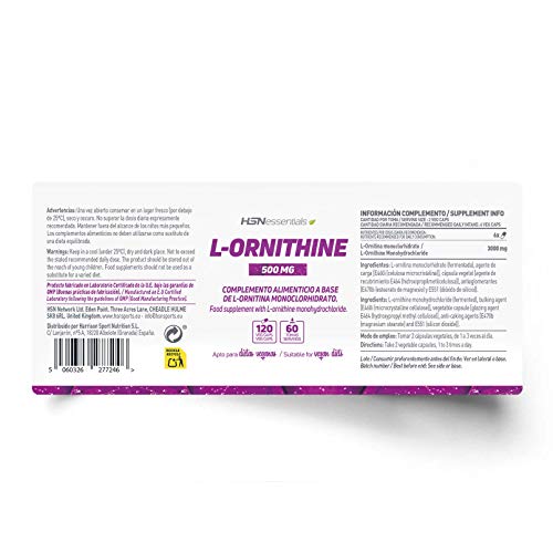 L-Ornitina de HSN | 500mg | Aminoácido para el Metabolismo del Deportista, Apto Vegano, Sin Gluten, Sin Lactosa, 120 Cápsulas Vegetales