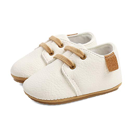 LACOFIA Zapatos Oxford con Cordones para Bebé Niños Zapatillas Primeros Pasos Antideslizantes para Bebés Blanco 6-12 Meses