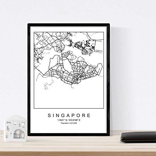 Lámina mapa de la ciudad Singapore estilo nordico en blanco y negro. Poster tamaño A4 Sin marco Impreso papel 250 gr. Cuadros, láminas y posters para salon y dormitorio