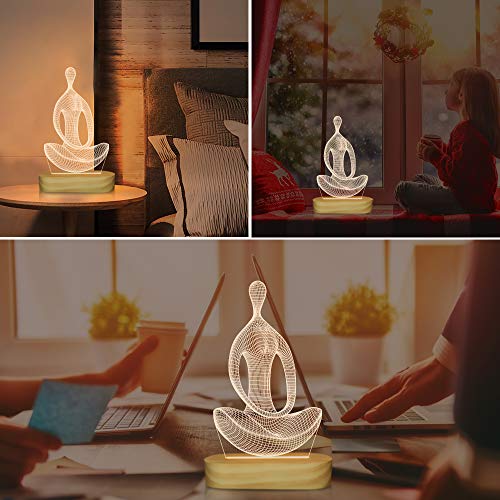 Lámpara de yoga LED 3D arte luz nocturna para niñas mujeres meditación amantes regalos de cumpleaños USB Power Warm Color Madera Base Lámpara de mesa