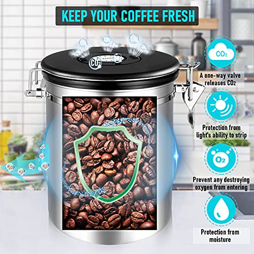 Latas de café herméticas de 1 kg, granos de café de 2800 ml, recipiente para granos de café de acero inoxidable, con indicador de fecha, pala de medición de 30 ml y válvula de CO2 para café en polvo