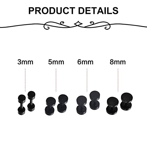 LEEQ Juego de 8 Pares de Pendientes de Acero Inoxidable para Hombre Color Negro Plata（3mm 5mm 6mm 8mm）