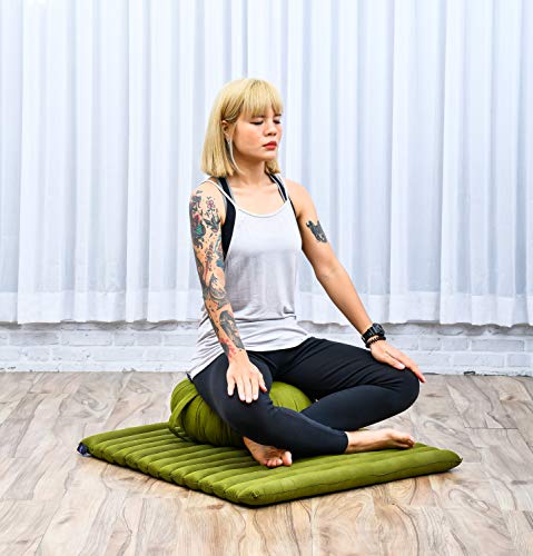 LEEWADEE Set de meditación – Cojín de Yoga Zafu y colchoneta de meditación Zabuton, Asiento tailandés de kapok Hecho a Mano, Set de 2, Verde