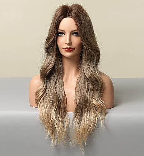 LEMEIZ Pelucas de color marrón degradado para mujer, peluca de pelo sintético rubio ondulado, peluca larga sin pegamento, pelucas de aspecto realista de 22 pulgadas LEMEIZ-166