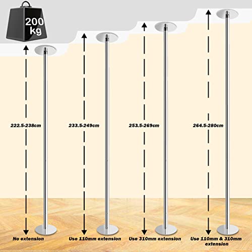 Leogreen Barra Pole Dance | Altura Ajustable de 222,5-280 cm | Estática y Giratoria | 200 kg de Capacidad | Acero Cromado galvanizado | para Hogar Club