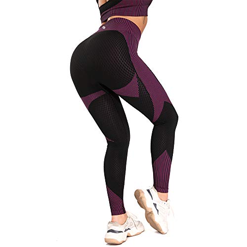 Leoyee Leggings de gimnasio sin costuras Power Stretch pantalones de yoga de cintura alta para mujeres corriendo entrenamiento mallas polainas, Negro Fucsia, L