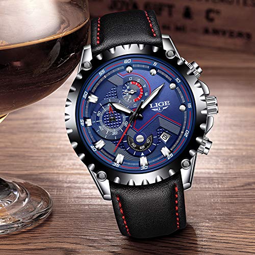 LIGE Relojes Hombre Lujo Azul Negocio Cuarzo Relojes Moda Impermeable Negro Cuero Relojes Militar Deportes Cronógrafo Relojes