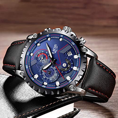 LIGE Relojes Hombre Lujo Azul Negocio Cuarzo Relojes Moda Impermeable Negro Cuero Relojes Militar Deportes Cronógrafo Relojes