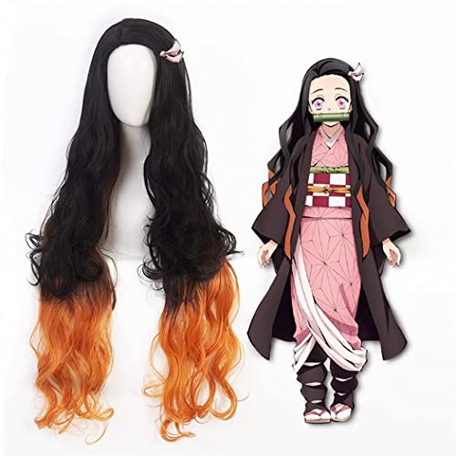 Linna Demon Slayer Kamado Nezuko Cosplay peluca Anime largo rizado negro degradado naranja pelo de mujer disfraces de fiesta de Halloween peluca + gorra de peluca gratis