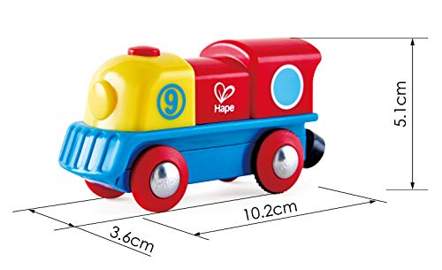 Locomotora valiente de Hape, locomotora que funciona con botón, excepcional tren con pilas y acabado multicolor, rojo, amarillo, azul