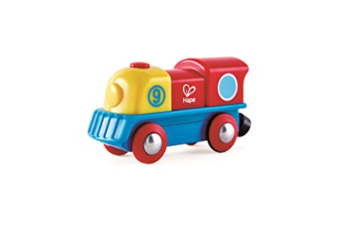 Locomotora valiente de Hape, locomotora que funciona con botón, excepcional tren con pilas y acabado multicolor, rojo, amarillo, azul