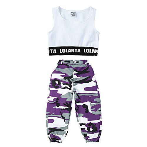 LOLANTA 2 Piezas Niñas Hip Hop Street Dance Solo Ropa Set Crop Tank Top+Camuflaje Jogger Pantalones, Morado, 150
