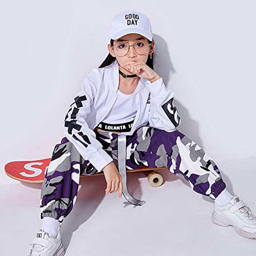 LOLANTA 2 Piezas Niñas Hip Hop Street Dance Solo Ropa Set Crop Tank Top+Camuflaje Jogger Pantalones, Morado, 150