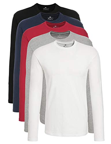 Lower East Camiseta de manga larga con cuello redondo de 100 % algodón, Hombres, Negro / Blanco / Azul marino / Gris / Rojo (paquete de 5), M