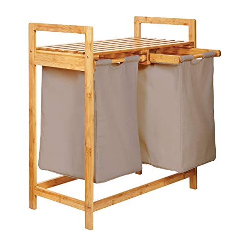 Lumaland Estantería de baño en Bambú con cesto para la Colada - Cesta para Ropa Sucia con 2 compartimientos extraibles - Mueble para el lavadero - 73 x 64 x 33 cm - Gris
