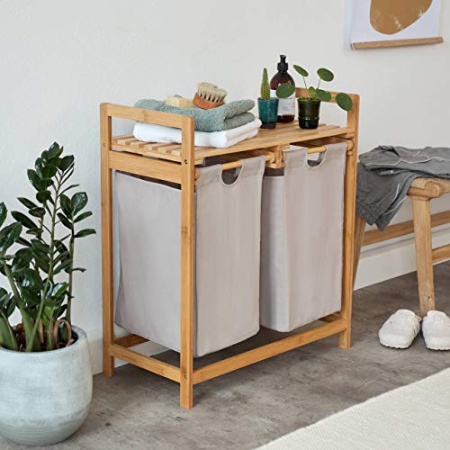 Lumaland Estantería de baño en Bambú con cesto para la Colada - Cesta para Ropa Sucia con 2 compartimientos extraibles - Mueble para el lavadero - 73 x 64 x 33 cm - Gris