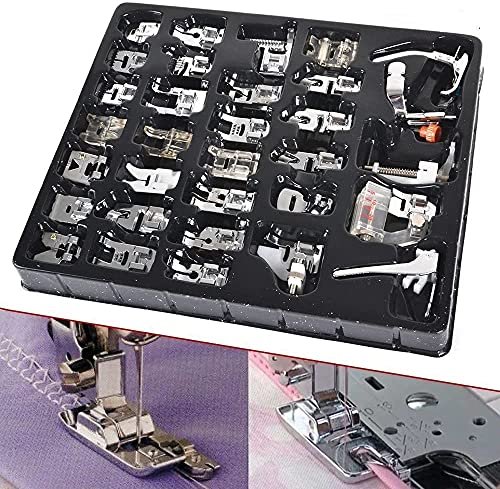 Magiin Kit de Accesorios de Costura Multifunción Multifunción Máquinas de Coser Presser Sewing Tool Plata Metal (32 Tipos de Versión en Inglés Simple de Prensatelas)