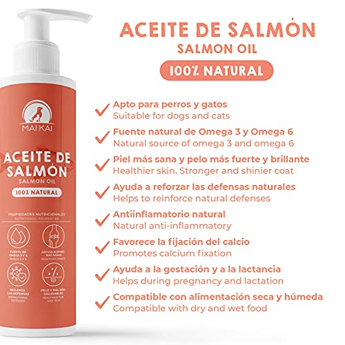 MAIKAI Aceite de Salmon Perros y Gatos (500 ml) 100% Natural Ácidos grasos Omega 3 y 6 - Antiinflamatorio para Perros Natural - Salud de los Huesos, Piel y Pelo -Dieta Barf - Vitaminas Perros(500 ml)