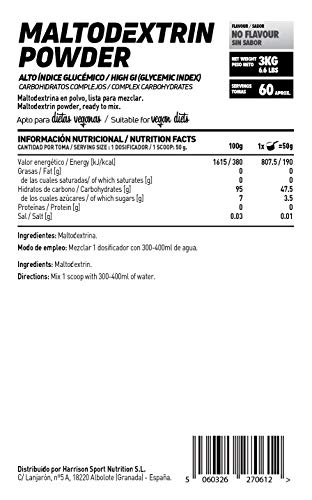 Maltodextrina de HSN | Sin Sabor 3 Kg = 60 Tomas por Envase | 100% Pura Maltodextrina en Polvo | Suplemento Carbohidratos de Alto Índice Glucémico | No-GMO, Vegano, Sin Gluten